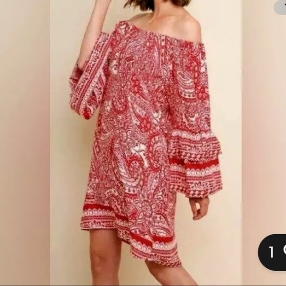 Umgee Women's SZ M Off Shoulder Bell Sleeve Red Paisley Boho Cottage Cowgirl - Picture 2 of 11
